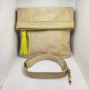 Poppie Jones Snakeskin Printed Tan & Yellow Fold Over Zippered Tote Bag